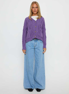 back view of model wearing Princess Polly Dillian Cable Knit Cardigan Purple Cropped Jumpers Jumpers 