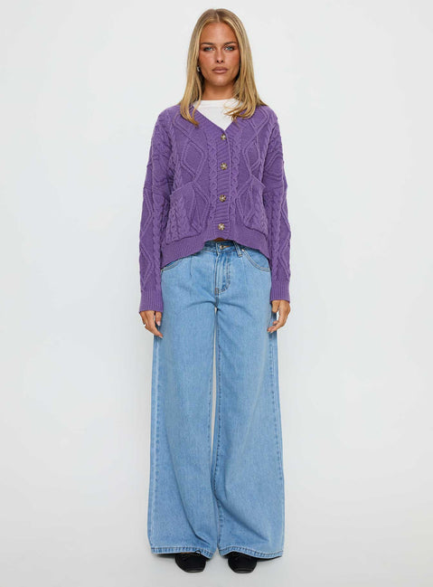 back view of model wearing Princess Polly Dillian Cable Knit Cardigan Purple Cropped Jumpers Jumpers 
