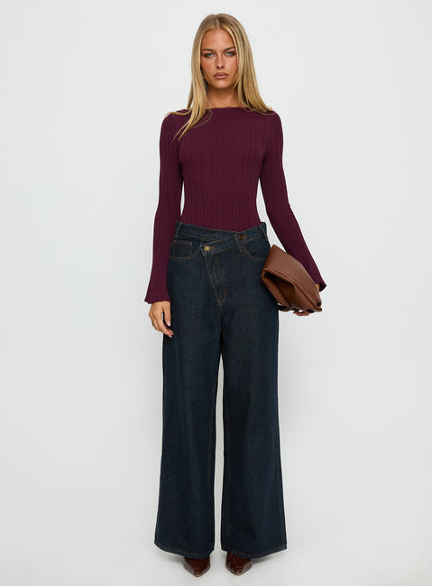 side view of model wearing Princess Polly Mayok Long Sleeve Bodysuit Plum Long Sleeve Tops Bodysuit 