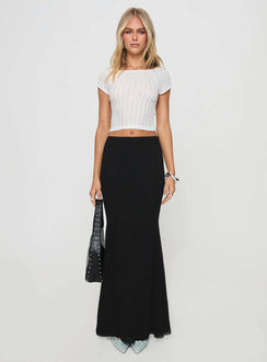   side view of model wearing Princess Polly Topping Maxi Skirt Black Maxi Skirts Skirts 