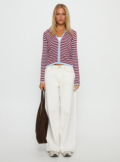 side view of model wearing Princess Polly Superstars Zip Through Hoodie Blue / Red Stripe cropped 