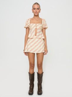 front view of model wearing Princess Polly Passionfruit Linen Blend Top Multi Short Sleeves Square Neck 