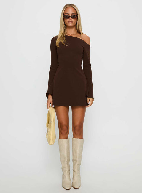 Adrietta Long Sleeve Off Shoulder Mini Dress Brown Tall