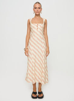 front view of model wearing Princess Polly Chosen Girl Linen Blend Midi Dress Multi Square Neck 