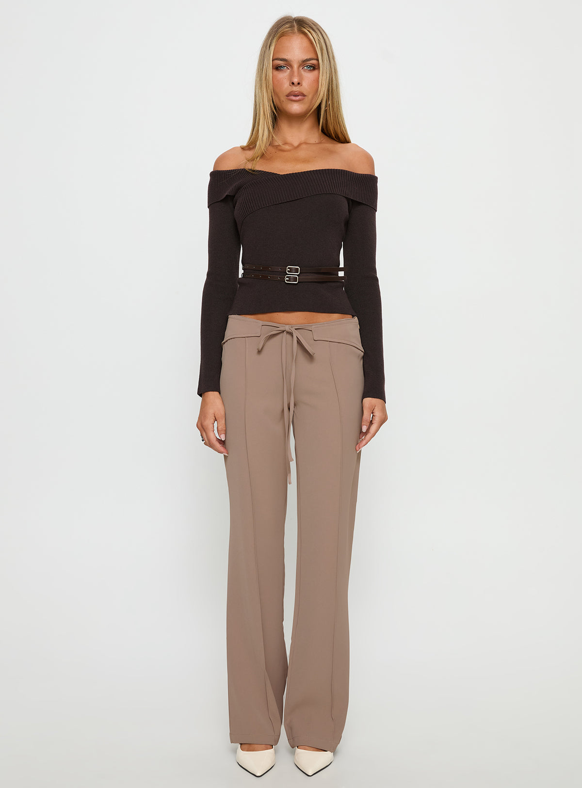 Ellenore Belt Detail Off Shoulder Top Brown