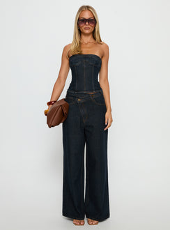 front view of model wearing Princess Polly Blue Crush Low Rise Wide Leg Jeans Indigo Mid Rise Jeans Jeans 