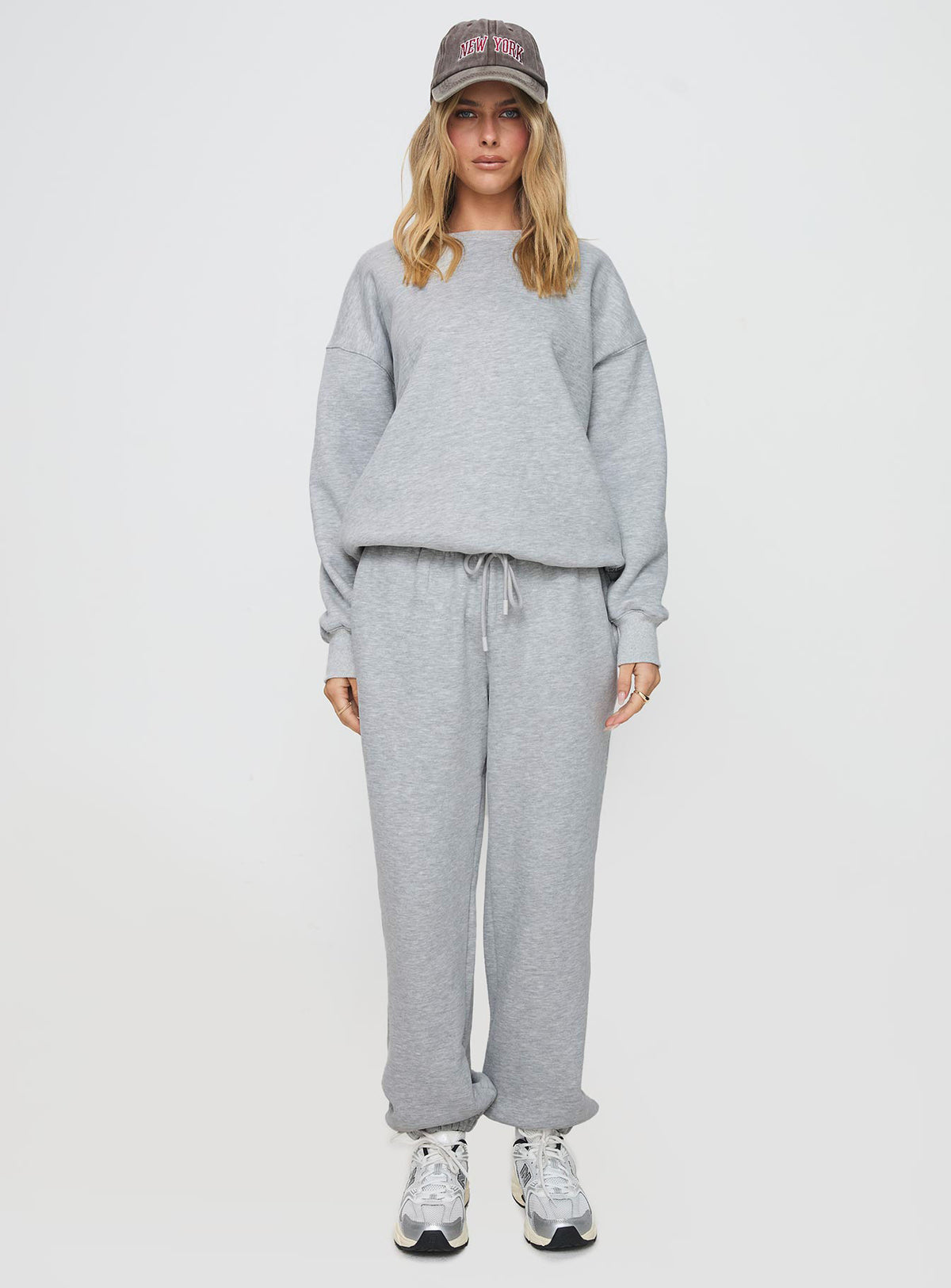 side view of model wearing Princess Polly Dream Fleece Classic Crewneck Sweatshirt Grey Marle Jumpers 