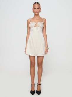 front view of model wearing Princess Polly Decipher Satin Mini Dress Ivory Sweetheart Neckline 