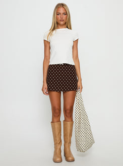   front view of model wearing Princess Polly Tejano Mini Skirt Brown Polka Dot Mini Skirts Skirts 