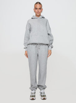 front view of model wearing Princess Polly Dream Fleece Classic Hoodie Grey Marle Longline Jumpers Jumpers 