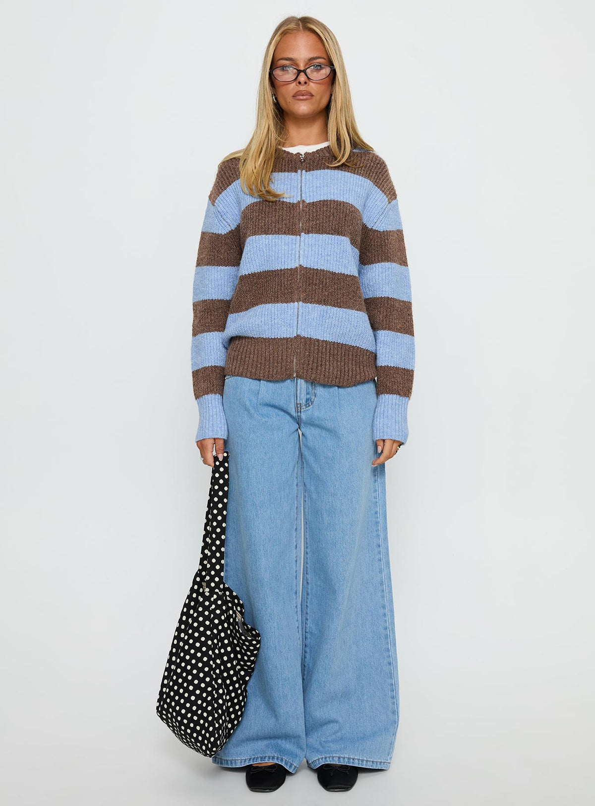 Designed with the Queena Zip Through Knit Sweater Blue Stripe in womens-jumpers featuring long fit on-body view of model wearing Princess Polly