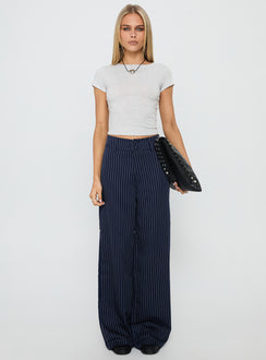 front view of model wearing Princess Polly Lorenne Mid Rise Pant Navy Pinstripe High Rise Pants Pants 