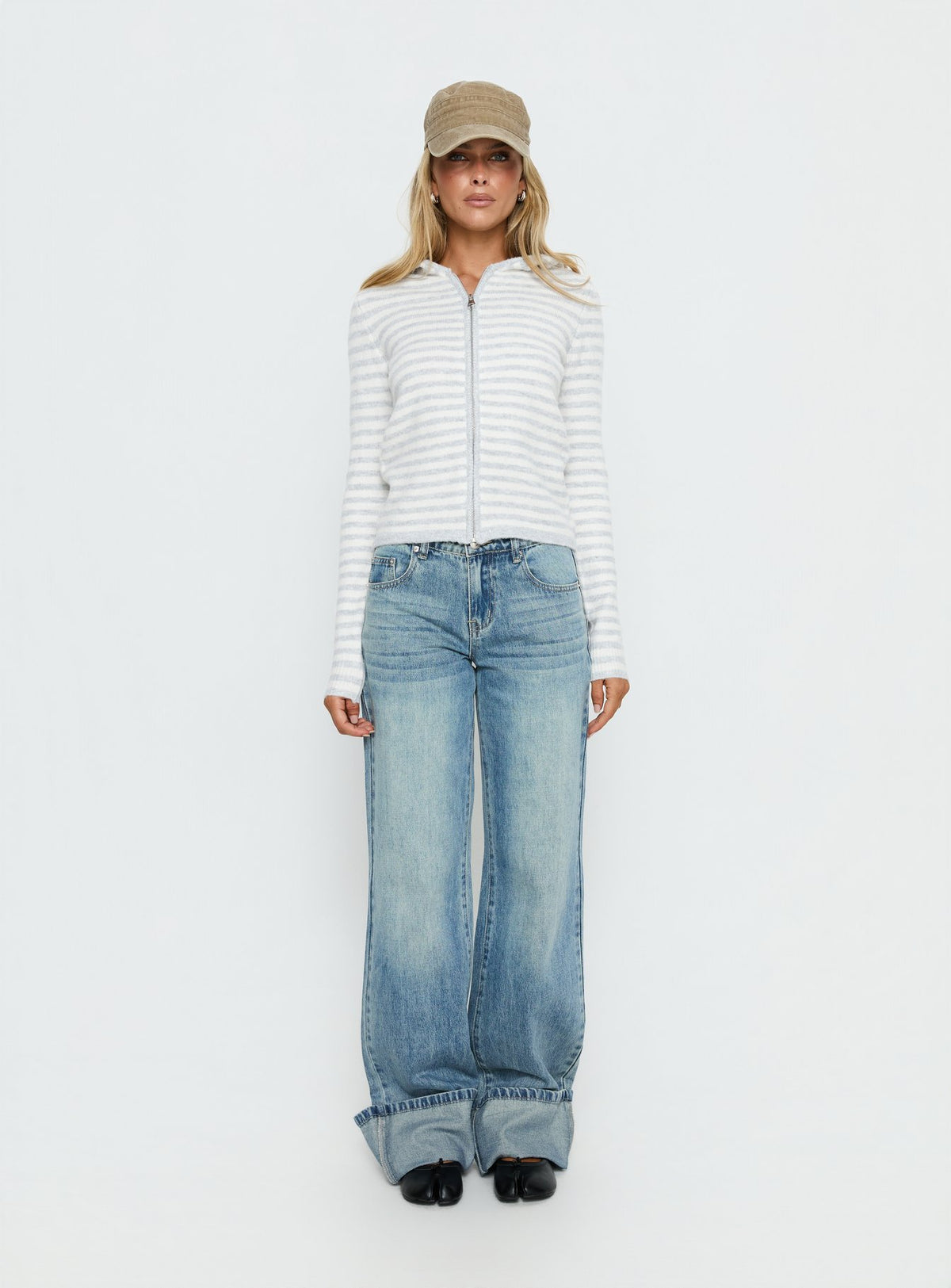 Discover the Superstars Zip Through Hoodie Grey / Cream Stripe womens-jumpers in short length front view of model wearing Princess Polly