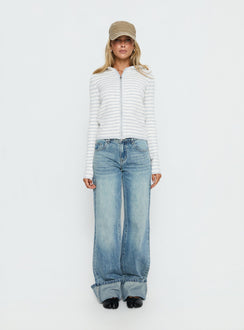 Discover the Superstars Zip Through Hoodie Grey / Cream Stripe womens-jumpers in short length front view of model wearing Princess Polly