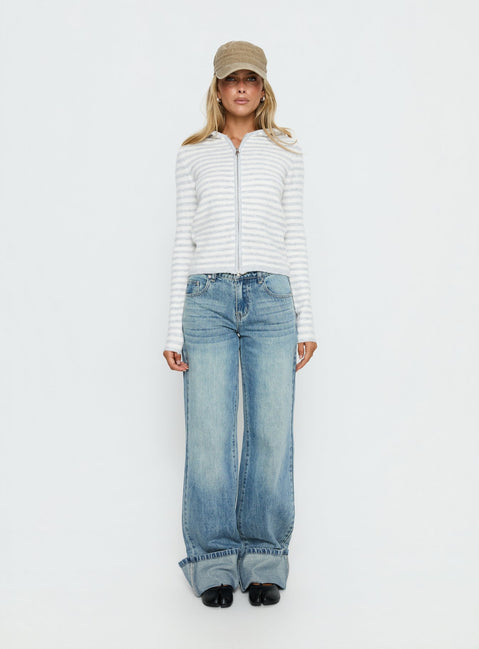 Discover the Superstars Zip Through Hoodie Grey / Cream Stripe womens-jumpers in short length front view of model wearing Princess Polly