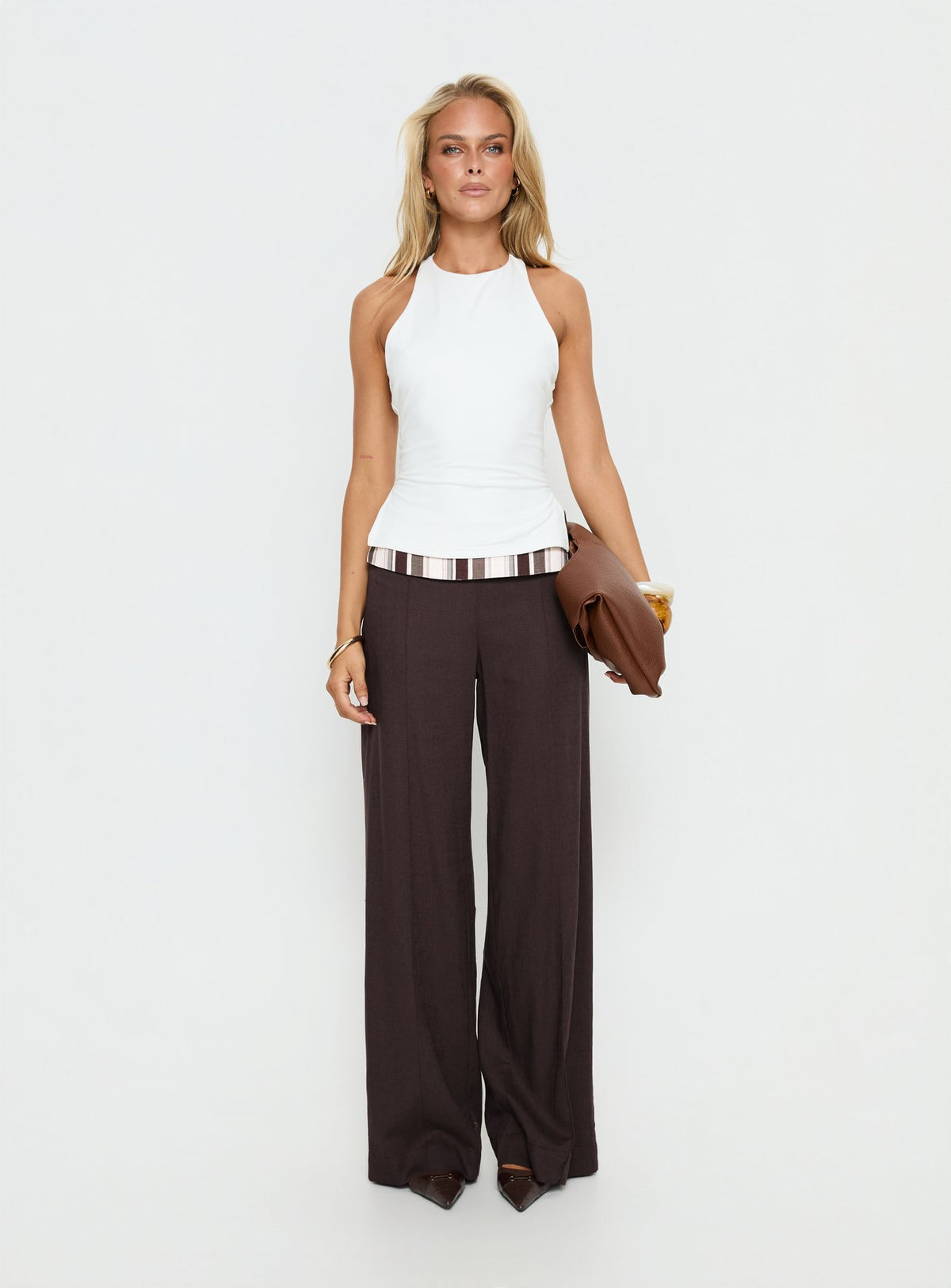 side view of model wearing Princess Polly Quenlin Folded Straight Leg Pant Multi Mid Rise Pants Pants 