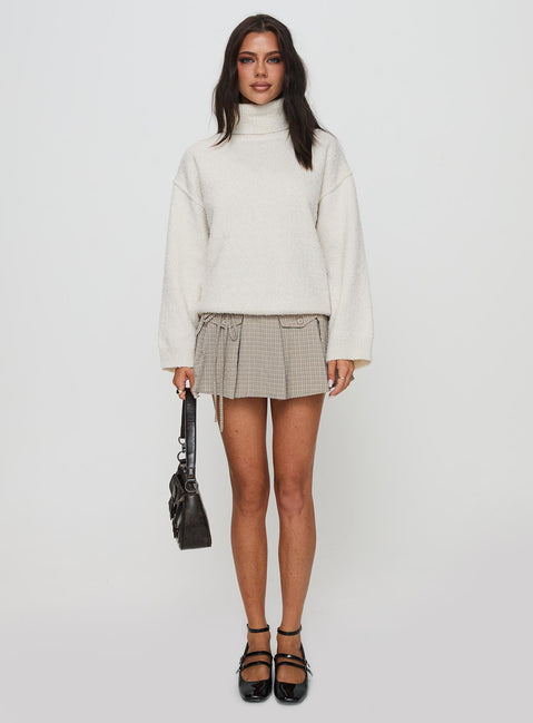 front view of model wearing Princess Polly Finnien Boucle Turtleneck Sweater Cream Longline Jumpers Jumpers 