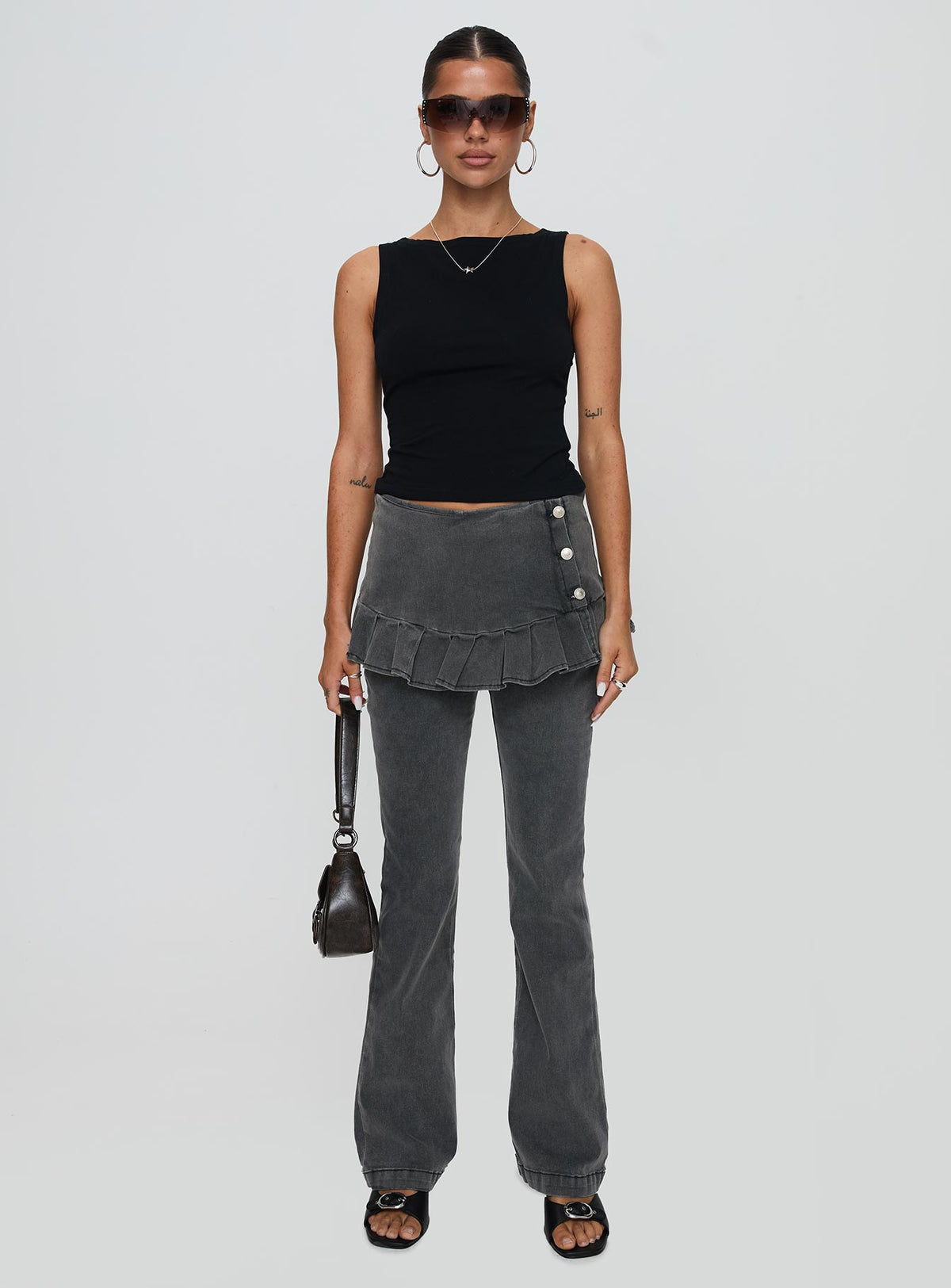 side view of model wearing Princess Polly Jordynne Layered Pant Washed Black High Rise Pants Pants 