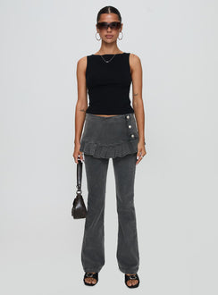 side view of model wearing Princess Polly Jordynne Layered Pant Washed Black High Rise Pants Pants 