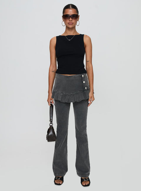 side view of model wearing Princess Polly Jordynne Layered Pant Washed Black High Rise Pants Pants 