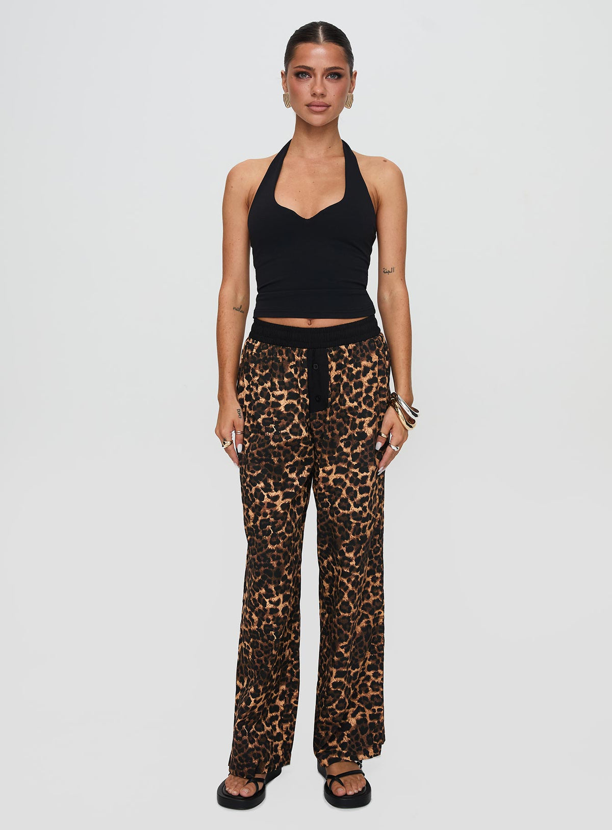 front view of model wearing Princess Polly Zephura Boxer Pant Leopard High Rise Pants Pants 