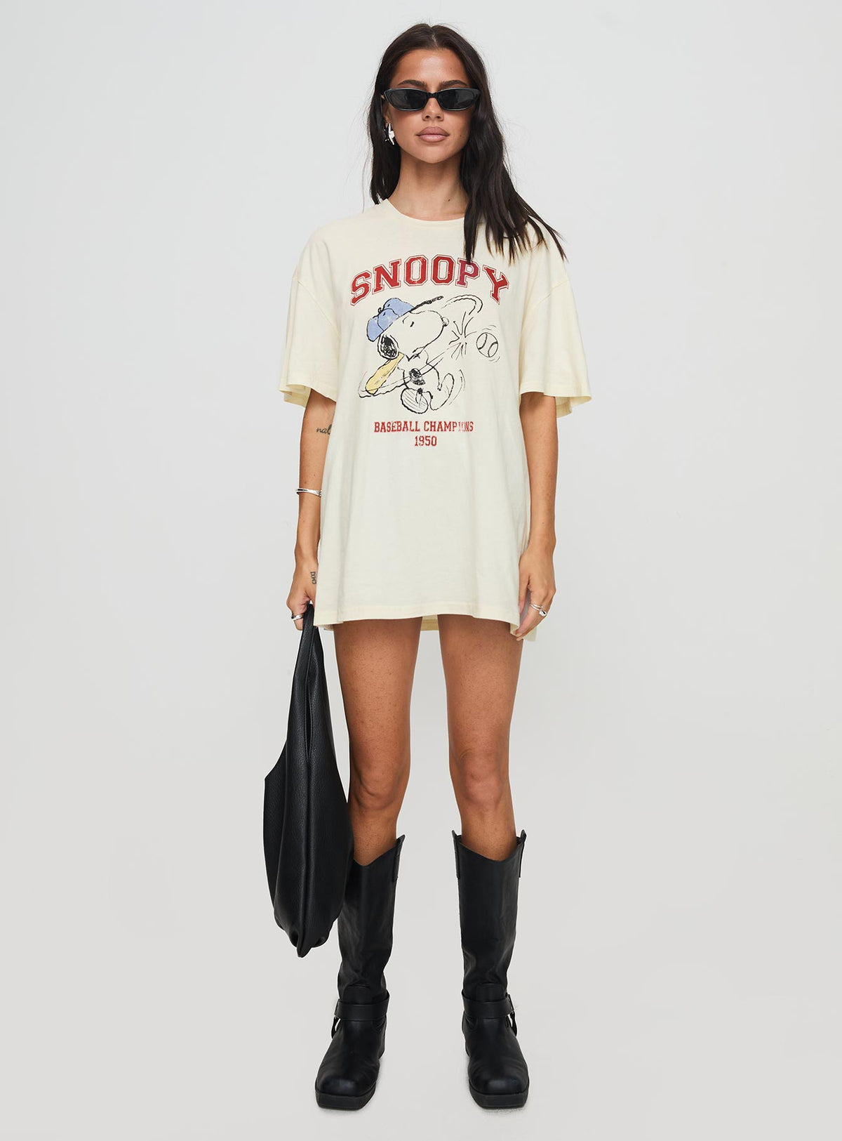 front view of model wearing Princess Polly Snoopy Championship Oversized Tee White Half Sleeves Crew Neck 