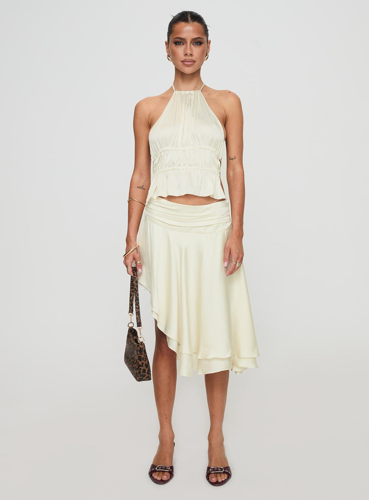 front view of model wearing Princess Polly Legacy Halter Top Ivory Sleeveless High Neck 