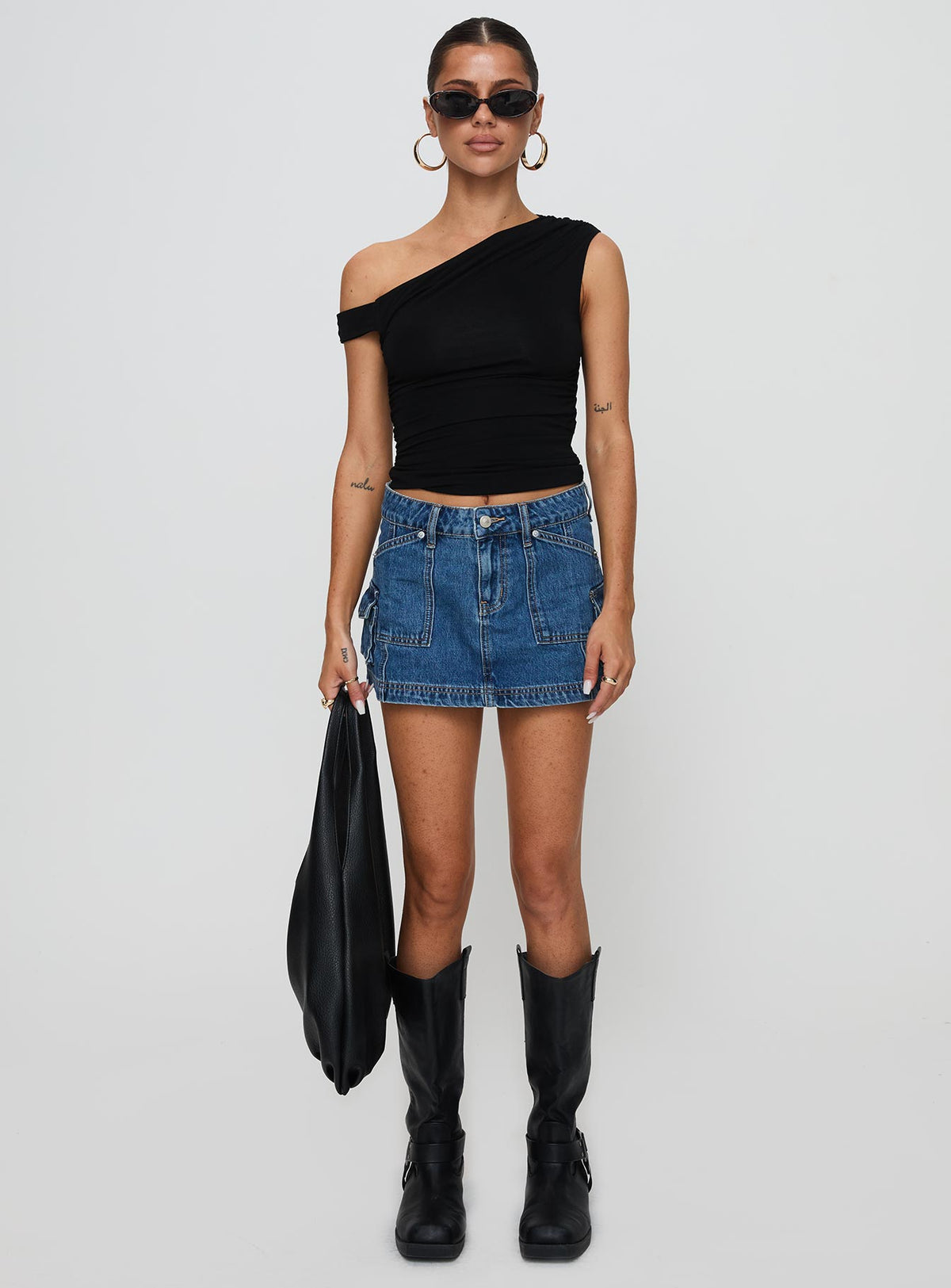  front view of model wearing Princess Polly Pacific Coast Denim Cargo Skirt Dark Wash Mini Skirts Skirts 