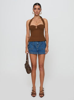 side view of model wearing Princess Polly Isabetta Halter Top Chocolate Sleeveless Sweetheart 