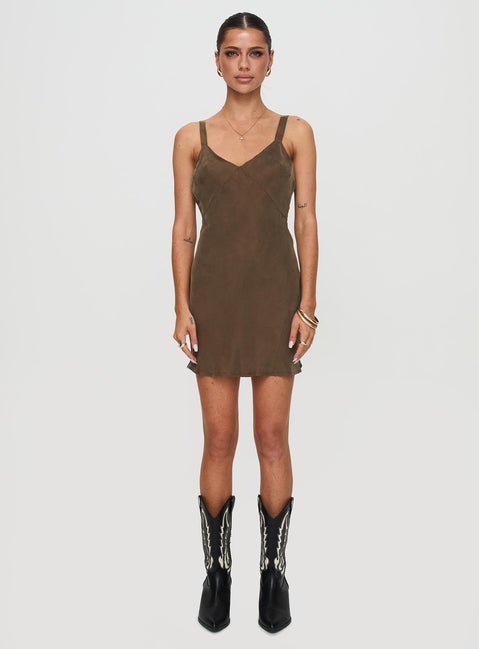 front view of model wearing Princess Polly Laurette Mini Dress Brown V-Neck 