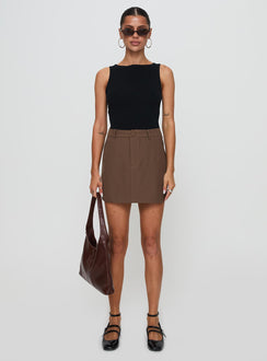   front view of model wearing Princess Polly Sabyna Tailored Mini Skirt Brown Mini Skirts Skirts 