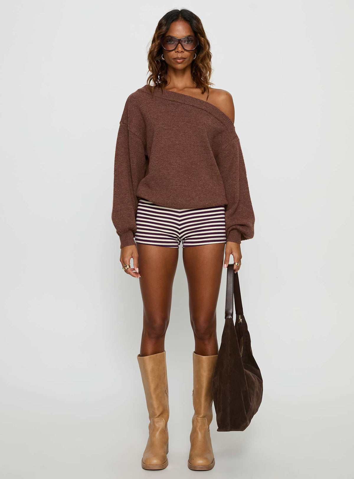 front view of model wearing Princess Polly Noble Off The Shoulder Sweater Chocolate Jumpers 