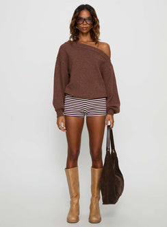 front view of model wearing Princess Polly Noble Off The Shoulder Sweater Chocolate Jumpers 