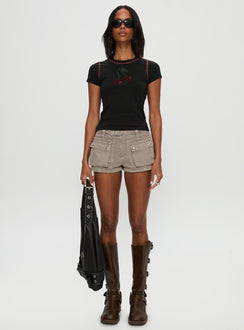 front view of model wearing Princess Polly Cherrie Kisses Top Black Short Sleeves Crew Neck 
