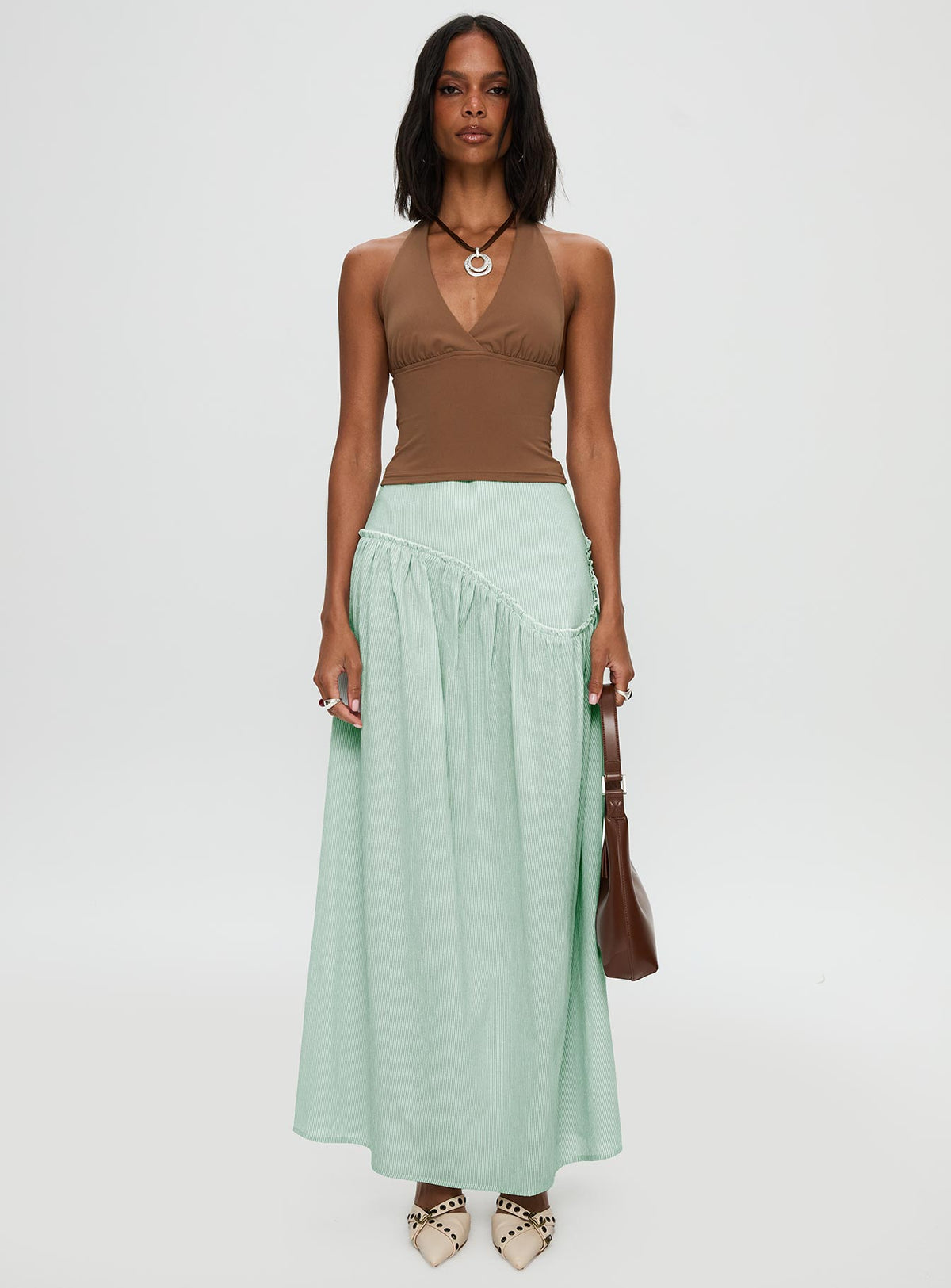   front view of model wearing Princess Polly Yasemine Maxi Skirt Green / White Maxi Skirts Skirts 