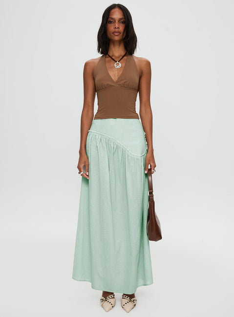   front view of model wearing Princess Polly Yasemine Maxi Skirt Green / White Maxi Skirts Skirts 