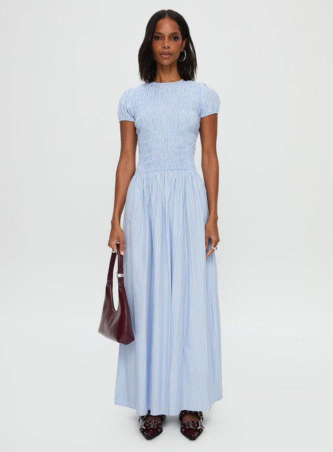 front view of model wearing Princess Polly Wendelin Shirred Maxi Dress Blue Stripe Crew Neck 