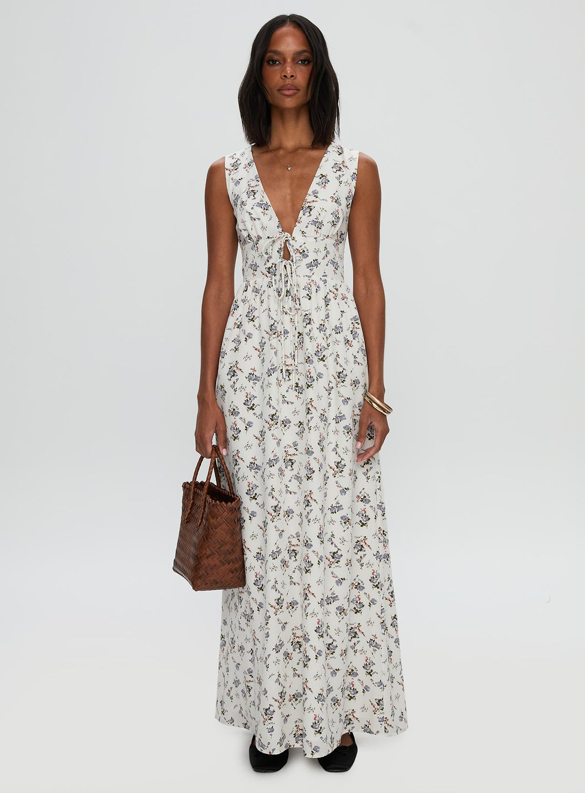 side view of model wearing Princess Polly Pokey Maxi Dress Floral Multi Plunger 