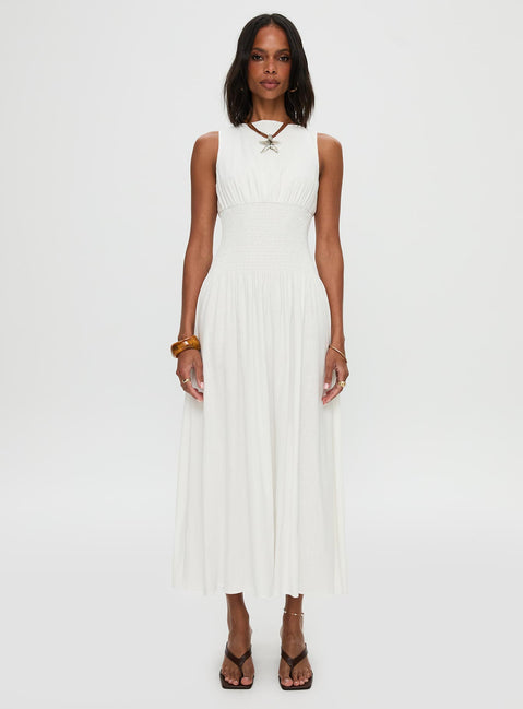 front view of model wearing Princess Polly Lilienne Shirred Maxi Dress White Crew Neck 