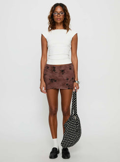   front view of model wearing Princess Polly Piazia mini skirt Brown Floral Mini Skirts Skirts 
