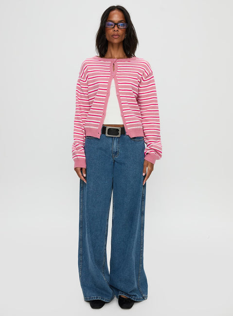 front view of model wearing Princess Polly Heavenly Dream Cardigan Pink Stripe Cropped Jumpers Jumpers 