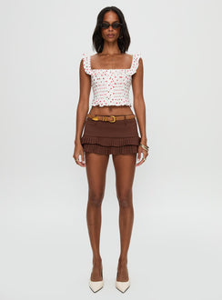 front view of model wearing Princess Polly Isadoria Frill Top White / Red Polka Sleeveless Square Neck 