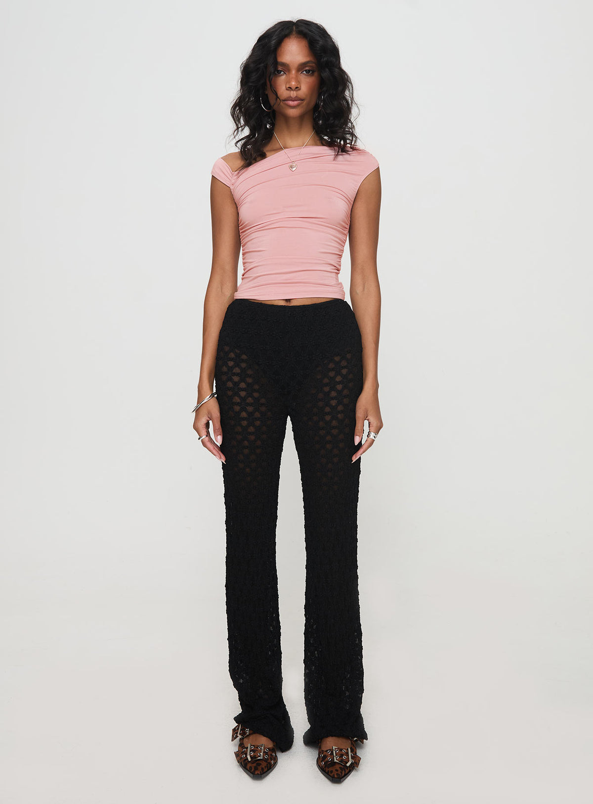 front view of model wearing Princess Polly Call It What You Want Mesh Pants Black High Rise Pants Pants 