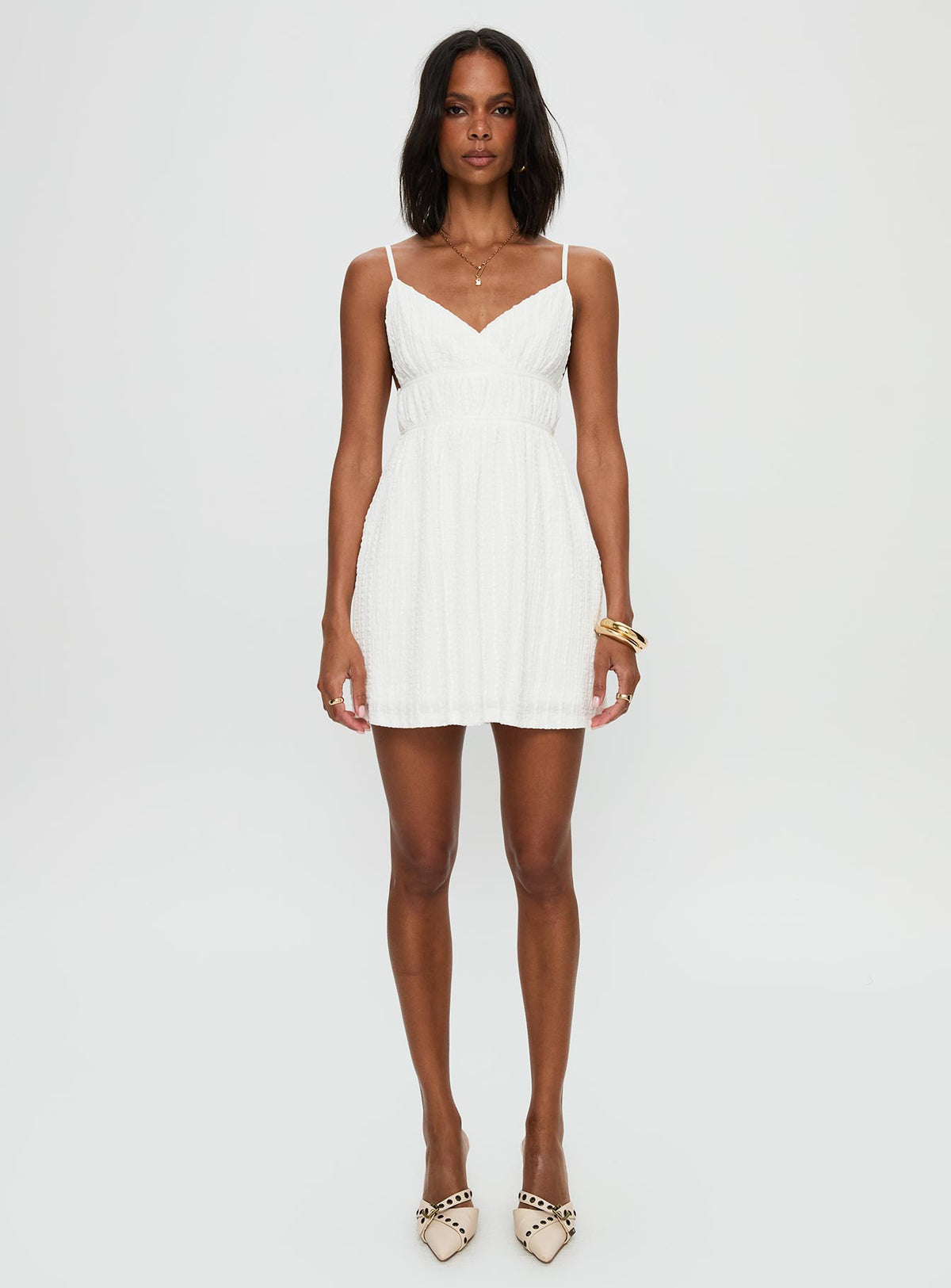 front view of model wearing Princess Polly All Too Well Mini Dress White V-Neck 