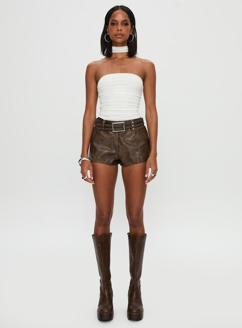 front view of model wearing Princess Polly Sorelle Scarf Bodysuit White Sleeveless Bodysuit 