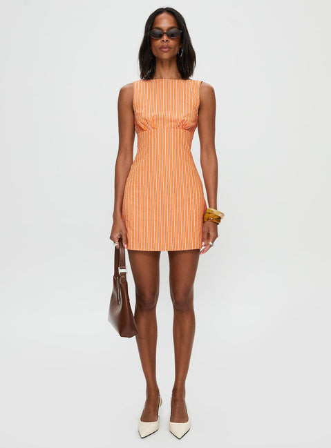 front view of model wearing Princess Polly Ellesandra Boat Neck Mini Dress Orange Stripe Boat Neck 