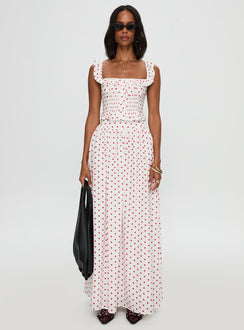   side view of model wearing Princess Polly Valerio Maxi Skirt White / Red Maxi Skirts Skirts 