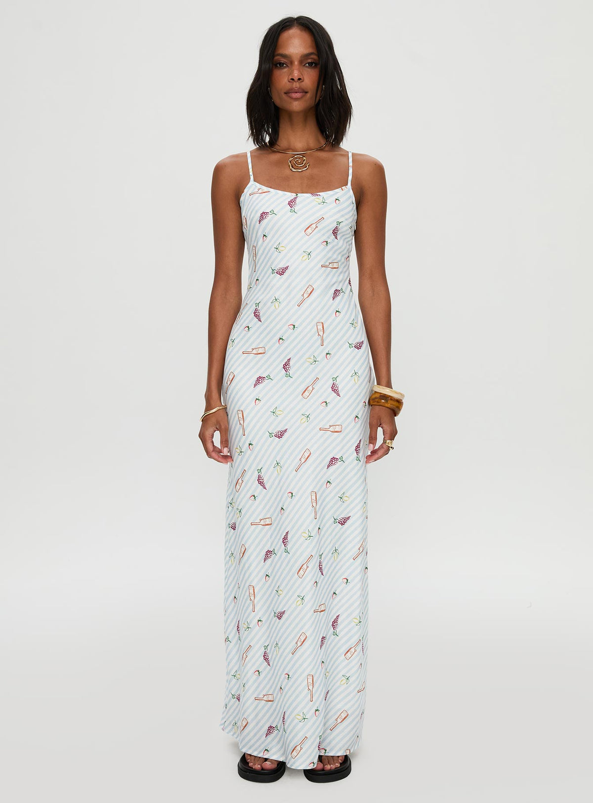 front view of model wearing Princess Polly Charcuterie Maxi Dress Blue Scoop Neck 