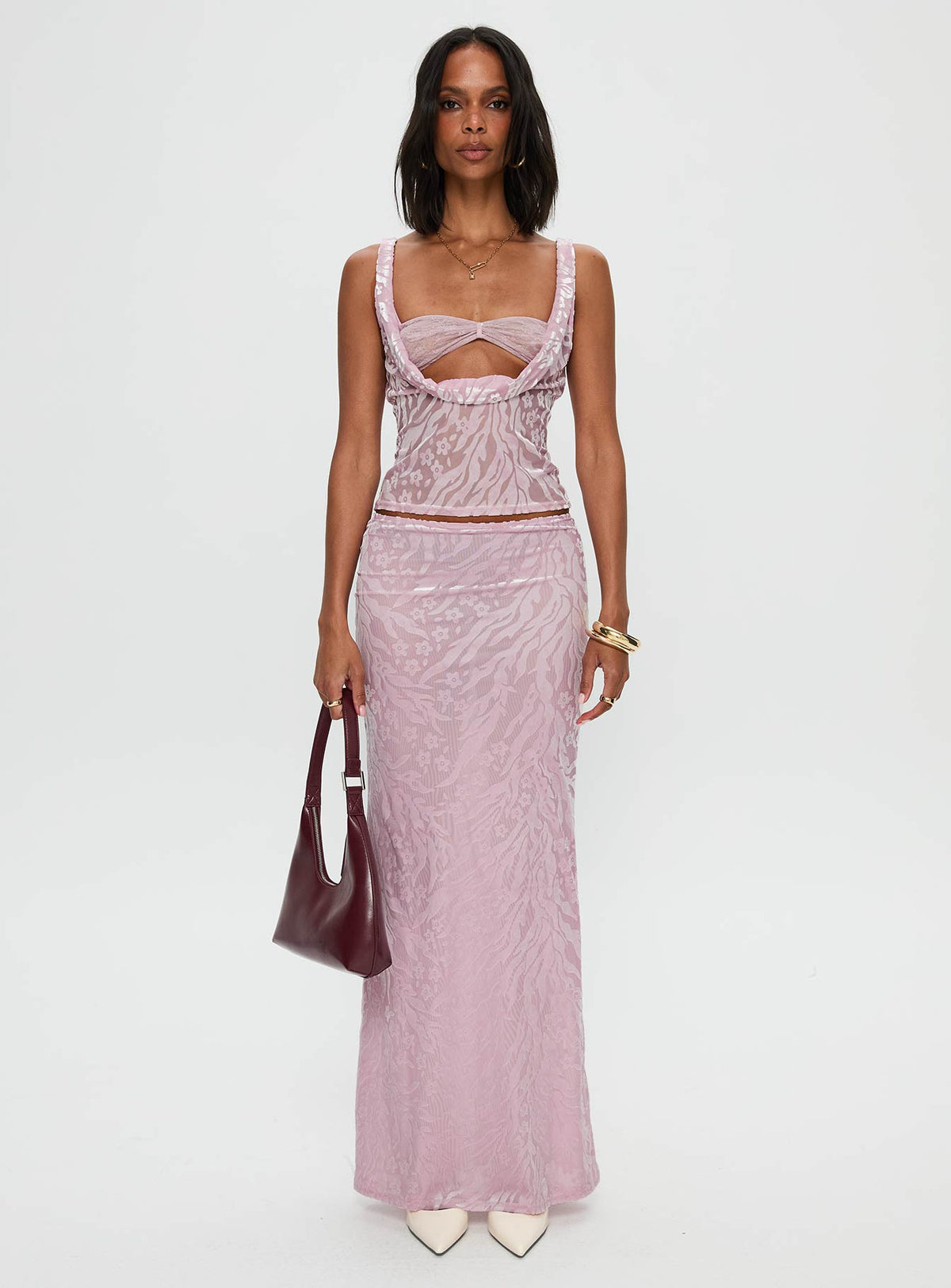 front view of model wearing Princess Polly Delilah Top Pink Sleeveless Cowl 