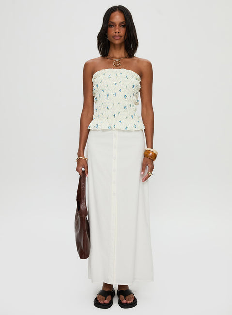   side view of model wearing Princess Polly Jasmira Maxi Skirt White Maxi Skirts Skirts 